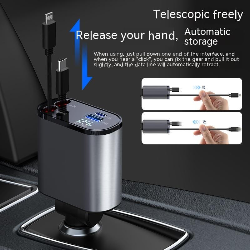 Automatic Retractable Car Charger Smart Battery Management and Dual USB Type-C Cables - Image 1