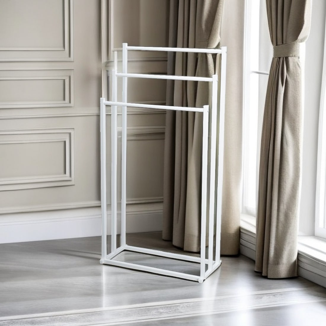 Bathroom Freestanding Three-Tier Towel Rack Stand with Metal Frame and Hand Storage - Image 3