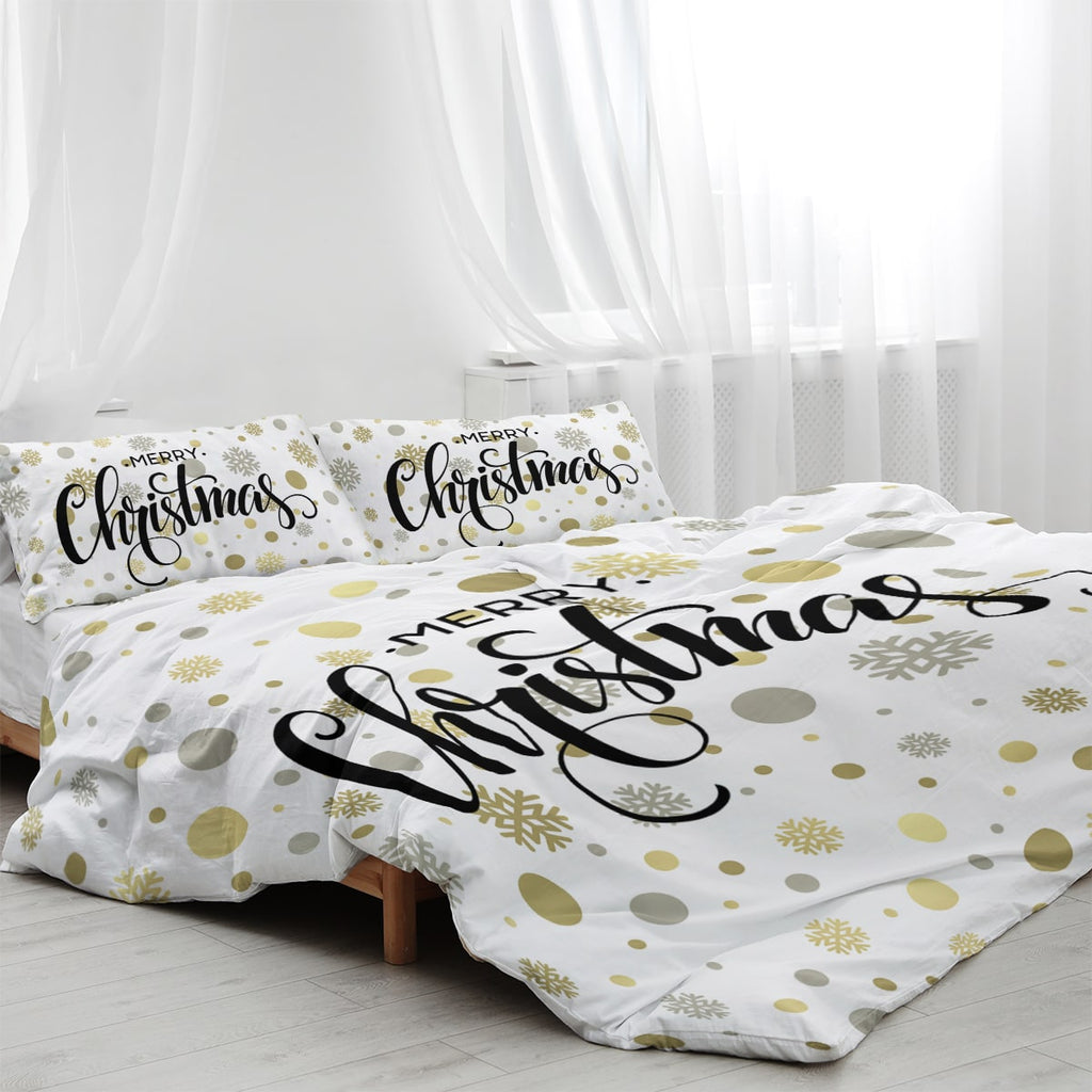 Christmas Duvet Cover Set with Pillowcases Merry Script and Snowflakes on White Microfiber Bedding - Image 1