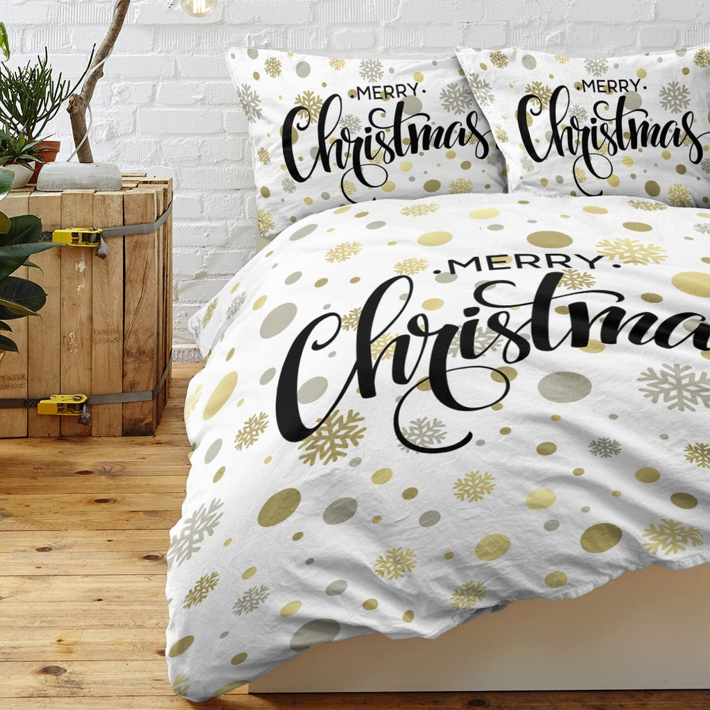 Christmas Duvet Cover Set with Pillowcases Merry Script and Snowflakes on White Microfiber Bedding - Image 5