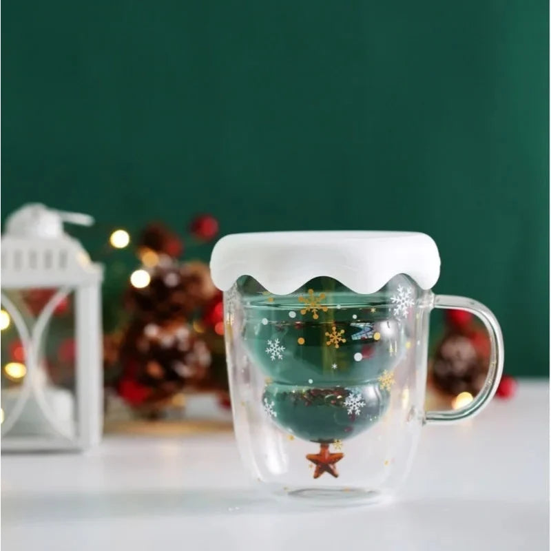 Christmas Mug Double Walled Glass with Tree Design and Snowflake Print 300ml - Image 2