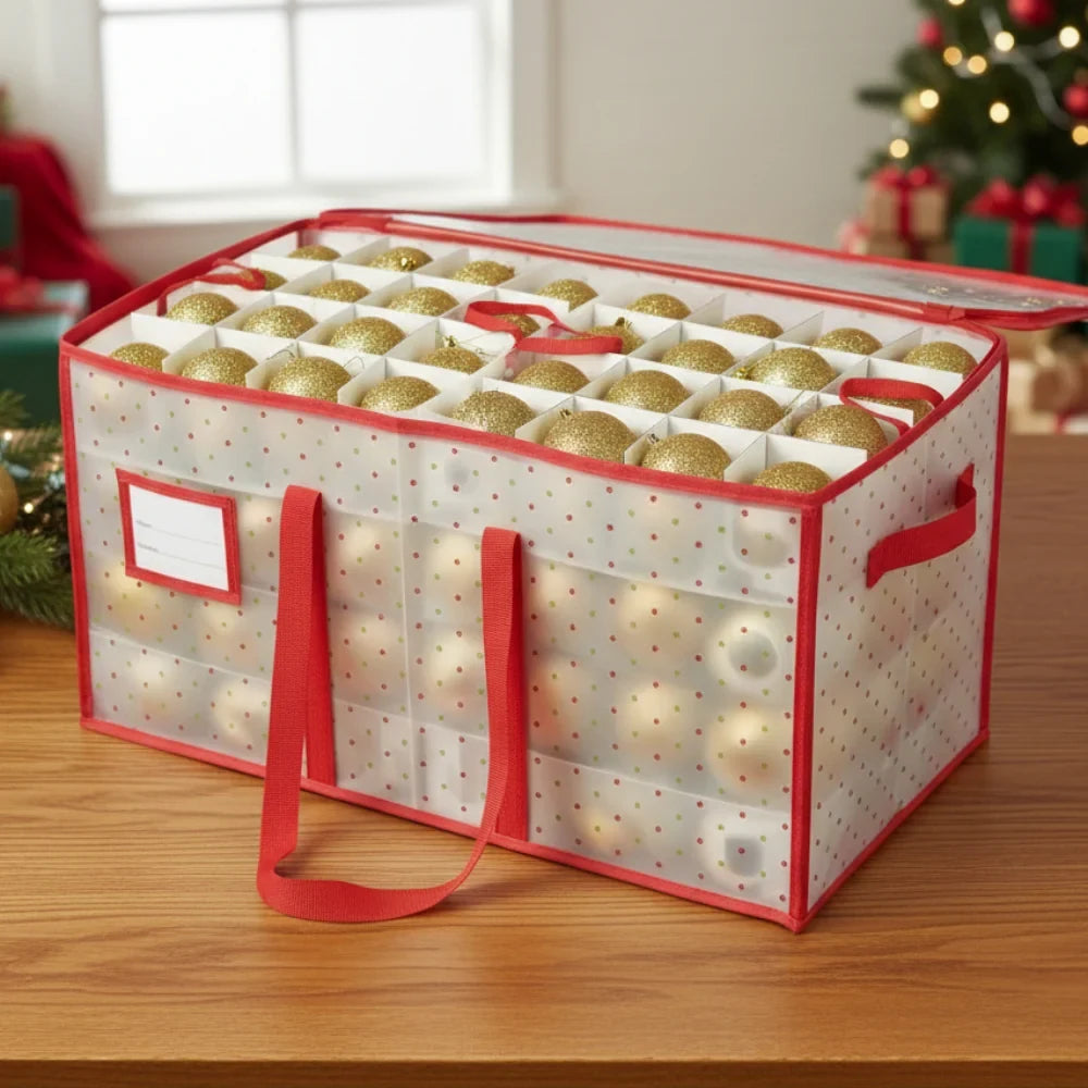 Christmas Ornament Storage Container with Grid Dividers and Zippered Lid - Image 5
