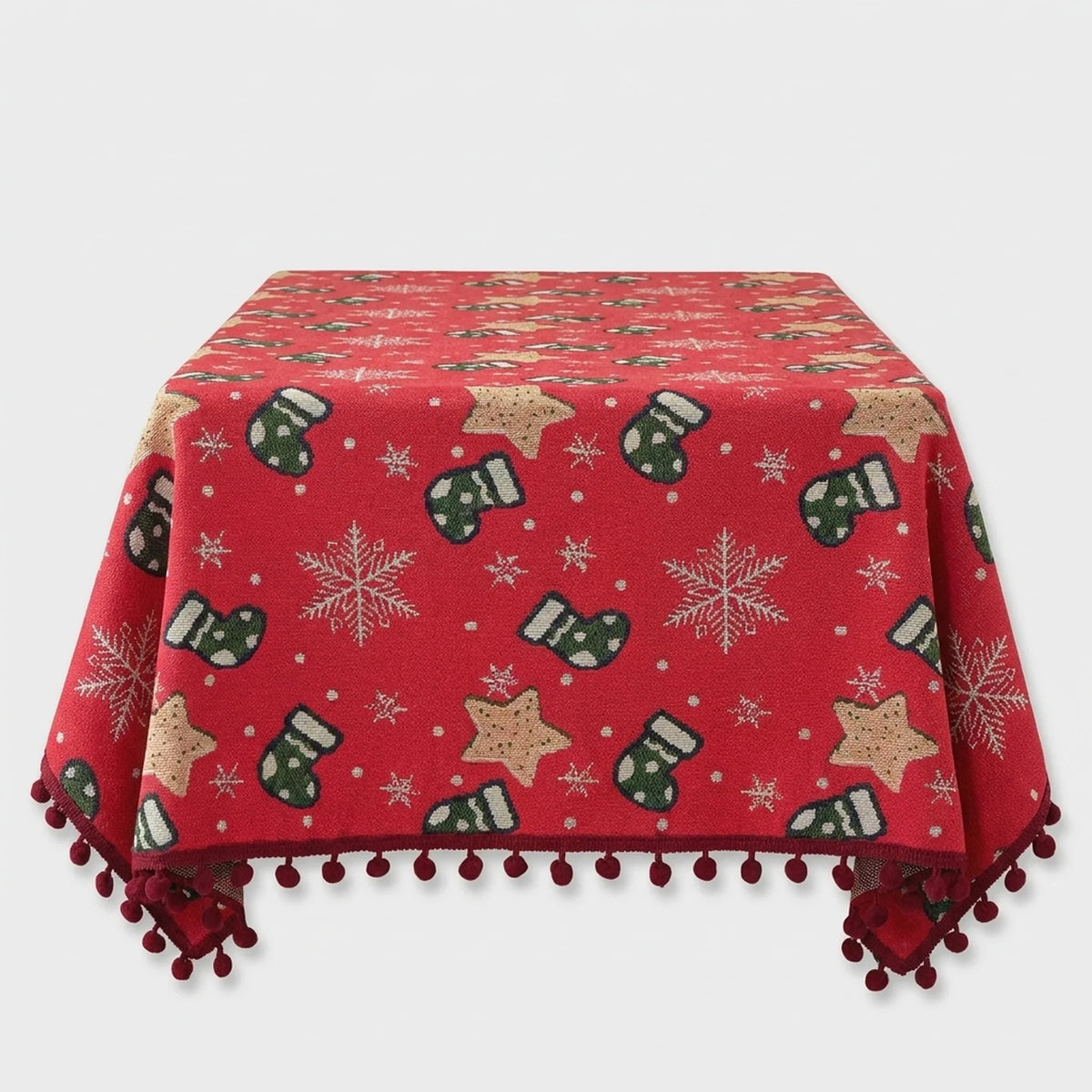 Christmas Tablecloth with Pom-Pom Fringe Snowflake and Stocking Pattern for Holiday Dining - Image 3