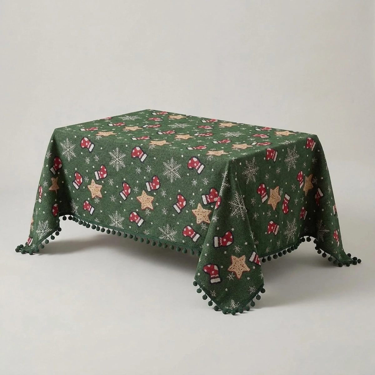 Christmas Tablecloth with Pom-Pom Fringe Snowflake and Stocking Pattern for Holiday Dining - Image 5
