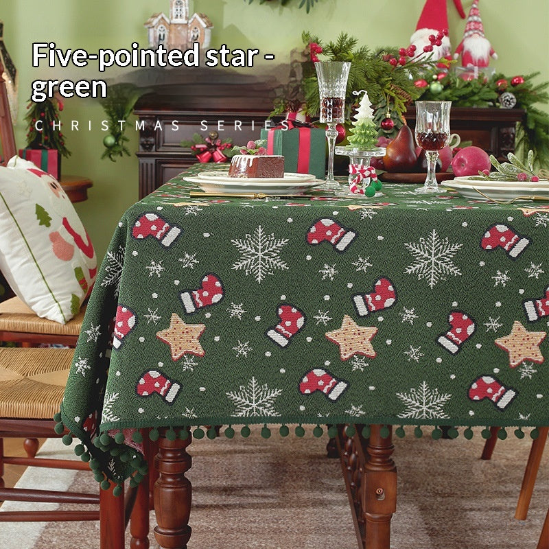 Christmas Tablecloth with Pom-Pom Fringe Snowflake and Stocking Pattern for Holiday Dining - Image 6