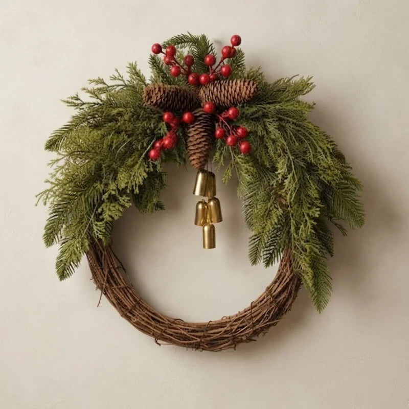 Christmas Wreath with Golden Bells Pinecones and Artificial Evergreen - Image 1