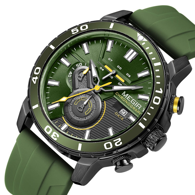Chronograph Watch with Silicone Strap Gold and Silver Tone Case Subdials and Date Display - Image 1