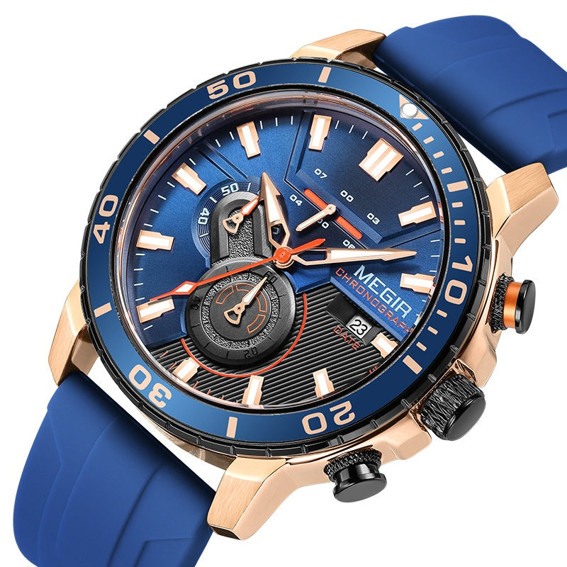 Chronograph Watch with Silicone Strap Gold and Silver Tone Case Subdials and Date Display - Image 2