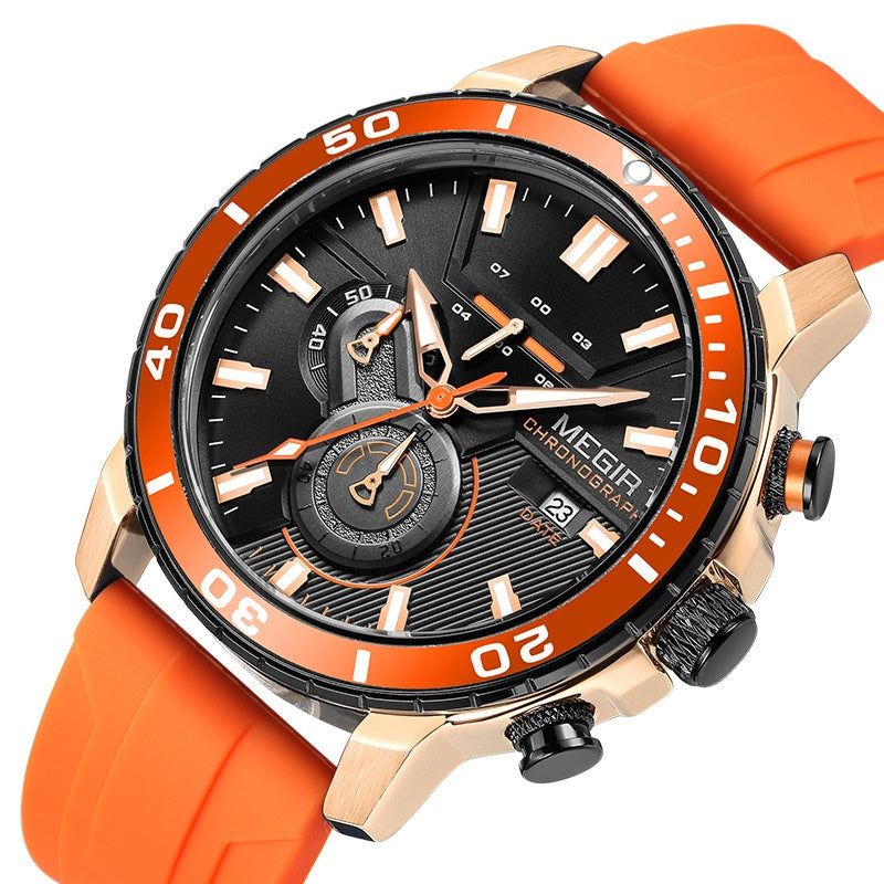 Chronograph Watch with Silicone Strap Gold and Silver Tone Case Subdials and Date Display - Image 4