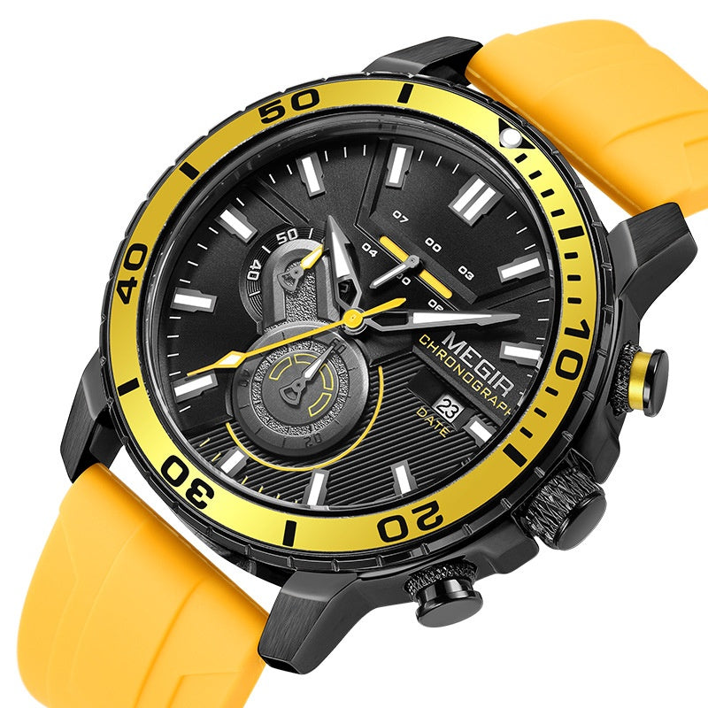 Chronograph Watch with Silicone Strap Gold and Silver Tone Case Subdials and Date Display - Image 5