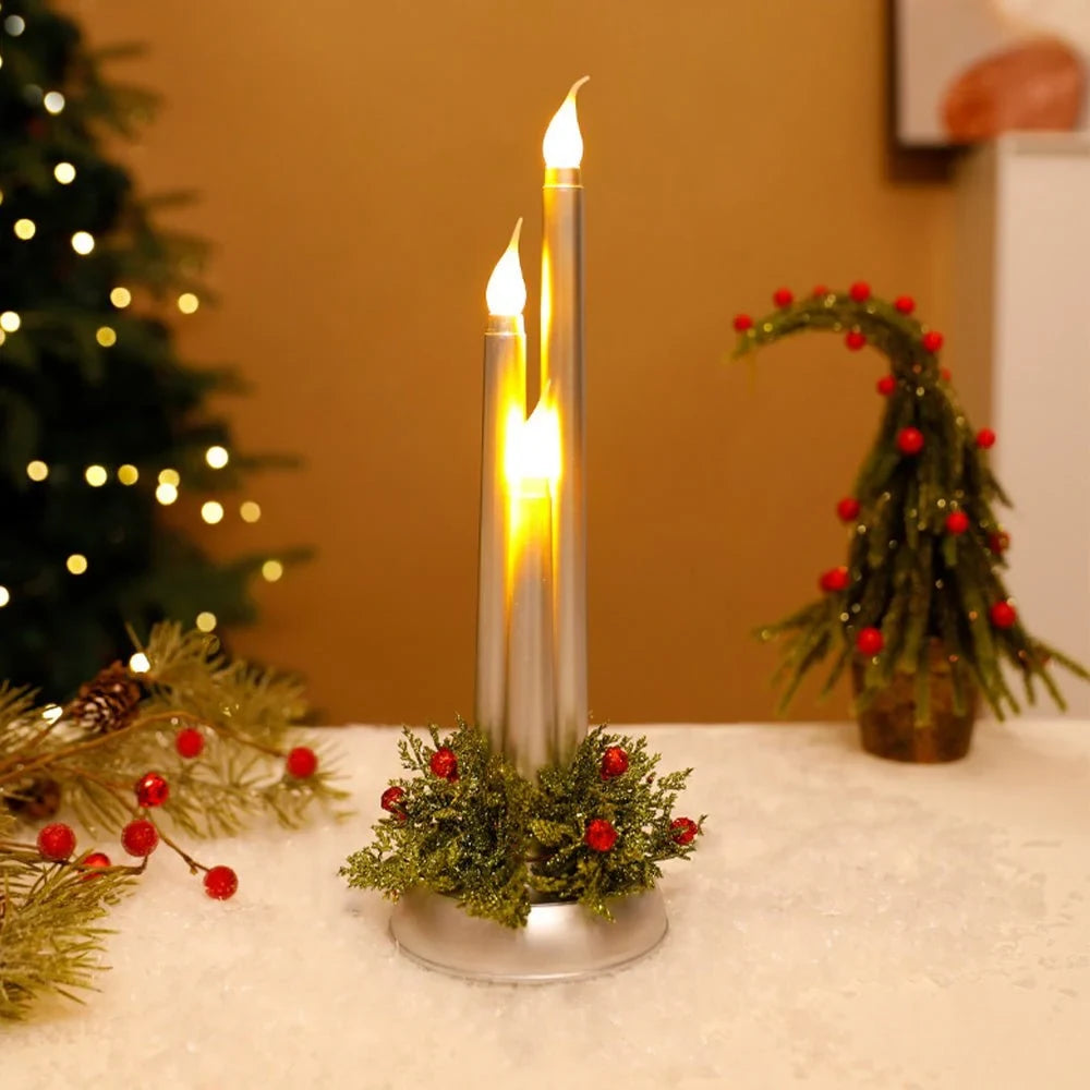 Flameless LED Candle Centerpiece with Flickering Taper Lights and Holiday Greenery - Image 3