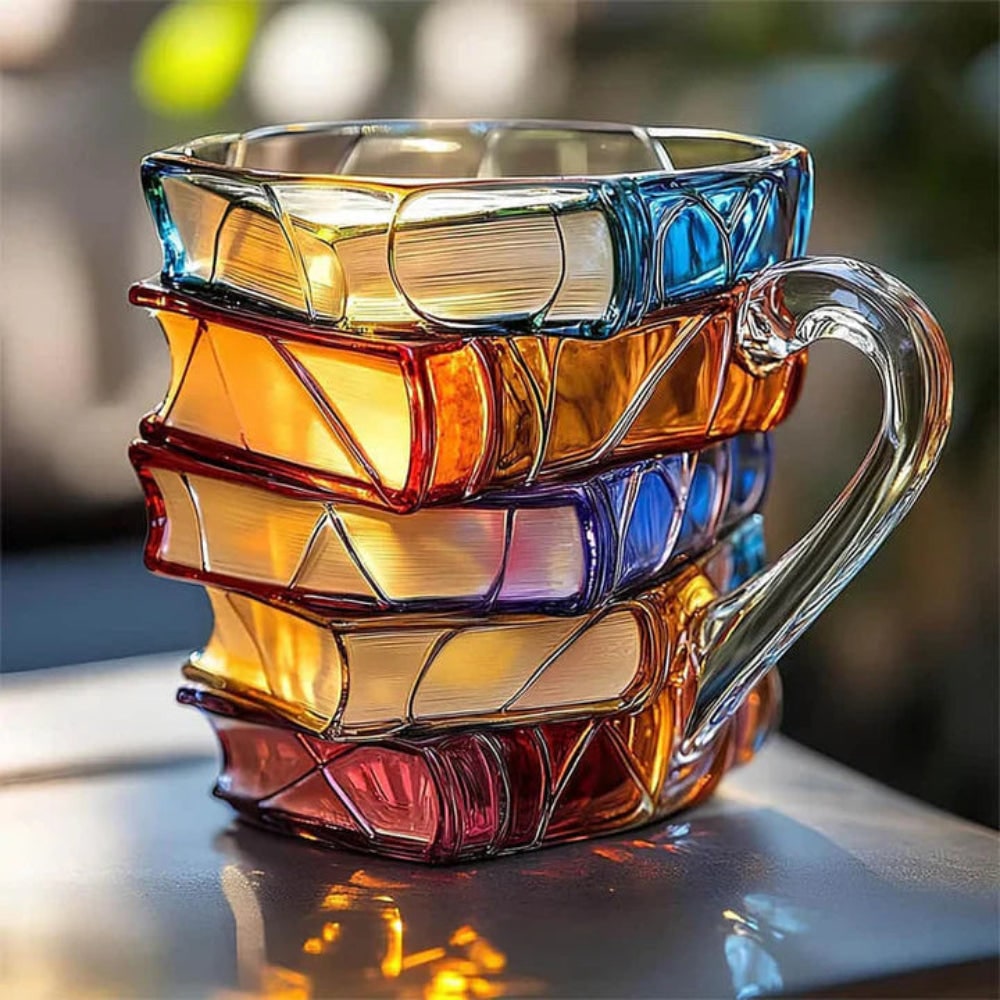 Glass Book Mug with Stacked Design Borosilicate Textured Pages Coffee Cup - Image 1