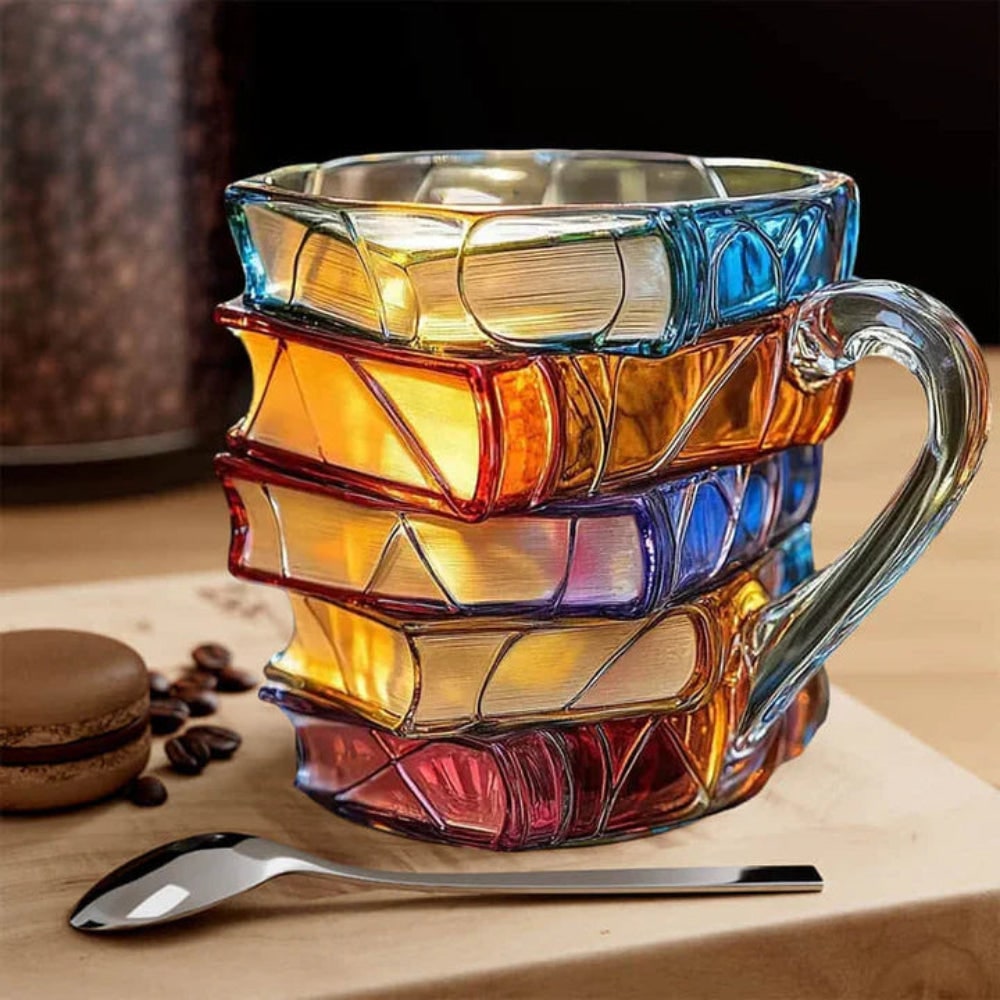 Glass Book Mug with Stacked Design Borosilicate Textured Pages Coffee Cup - Image 2