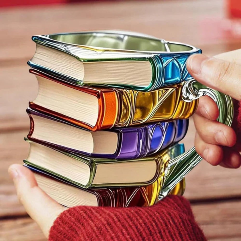 Glass Book Mug with Stacked Design Borosilicate Textured Pages Coffee Cup - Image 5