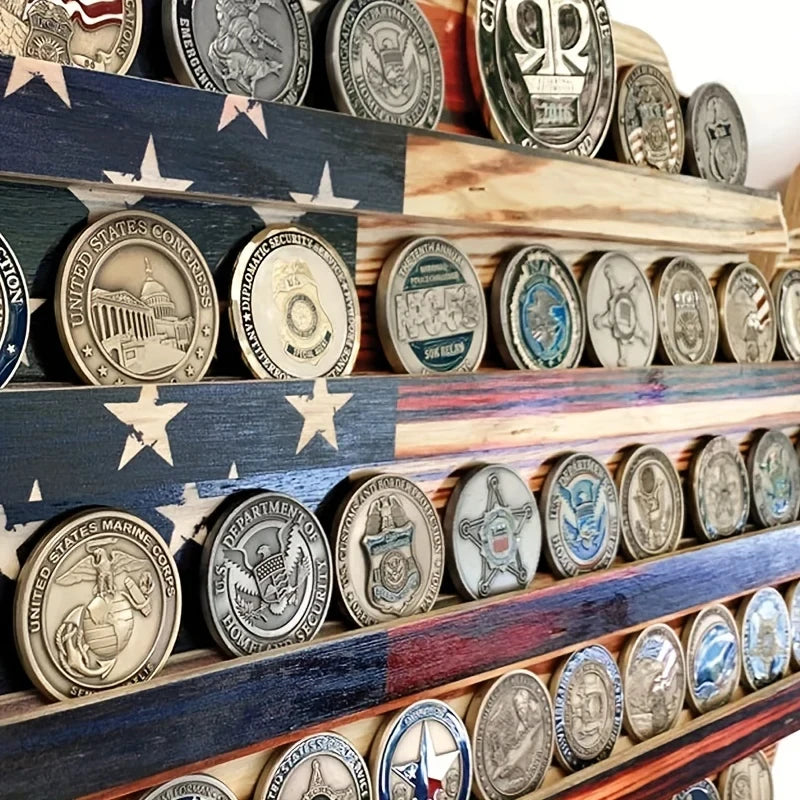 Military Coin Display Rack with American Flag Usa Map Design and Wooden Wall Mount - Image 2