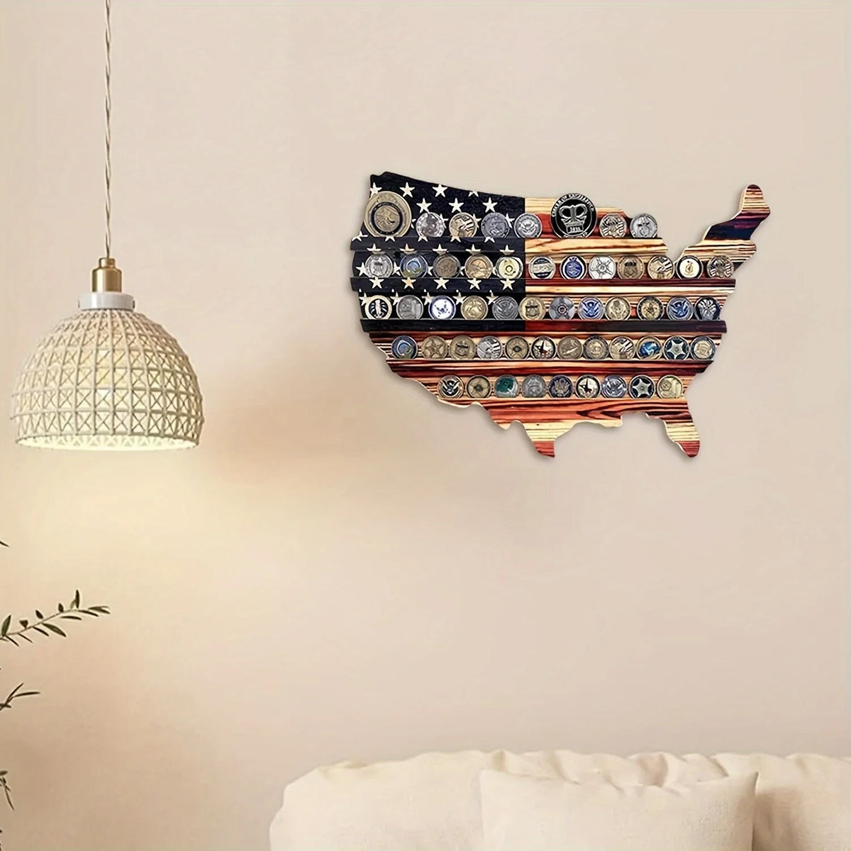 Military Coin Display Rack with American Flag Usa Map Design and Wooden Wall Mount - Image 3