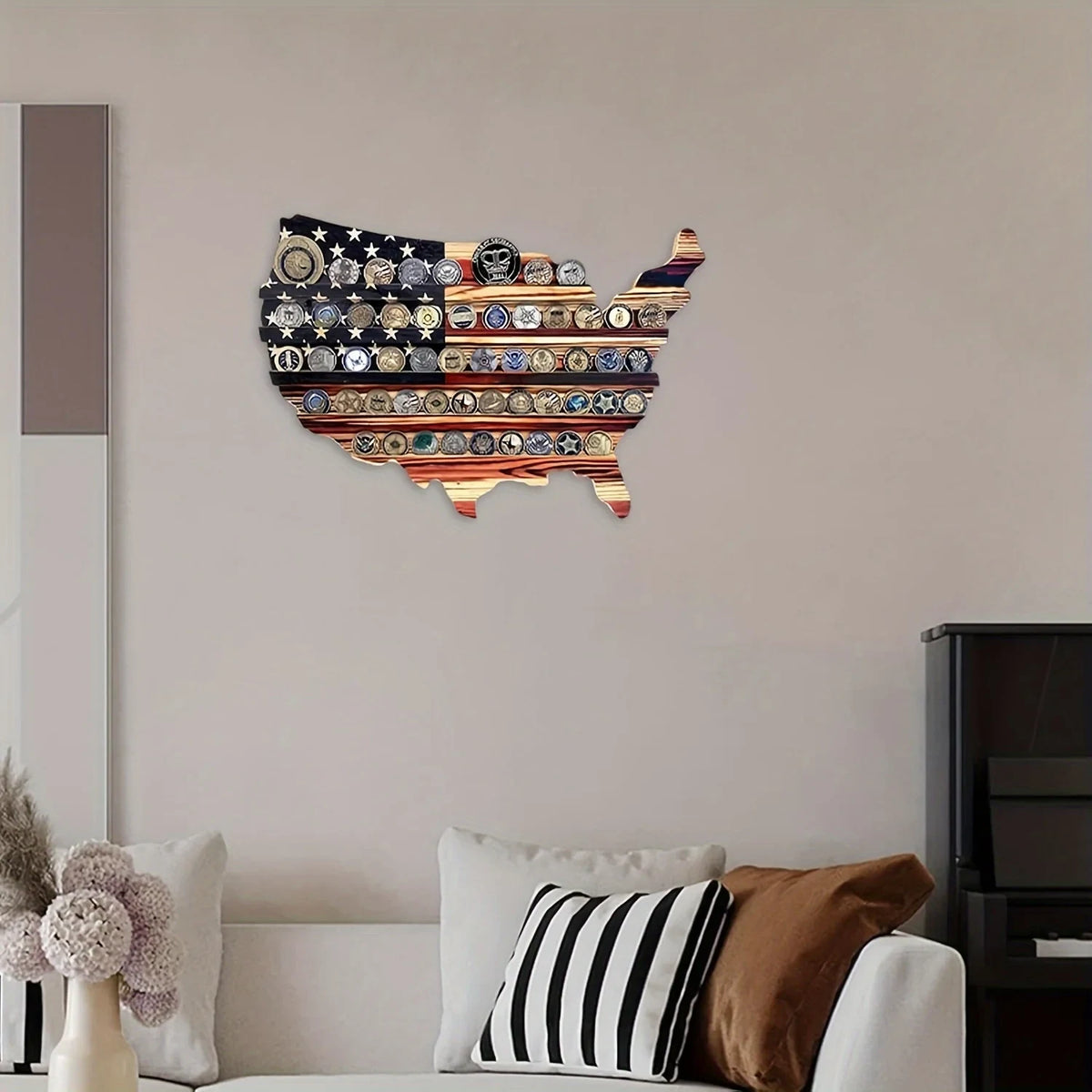 Military Coin Display Rack with American Flag Usa Map Design and Wooden Wall Mount - Image 4
