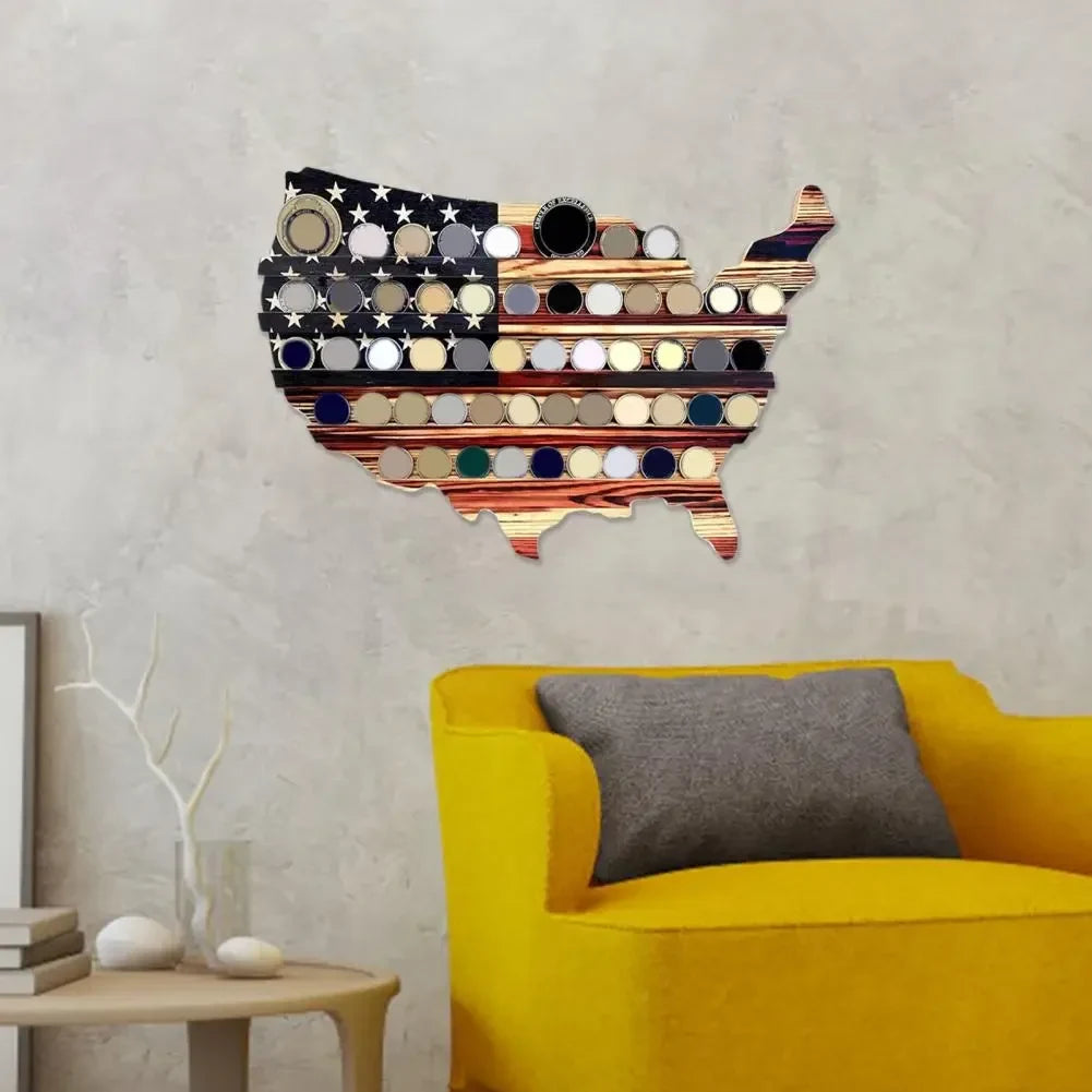 Military Coin Display Rack with American Flag Usa Map Design and Wooden Wall Mount - Image 5