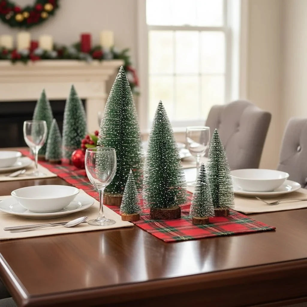 Mini Christmas Trees Bottle Brush with Frosted Snow Tips and Wooden Base - Image 2