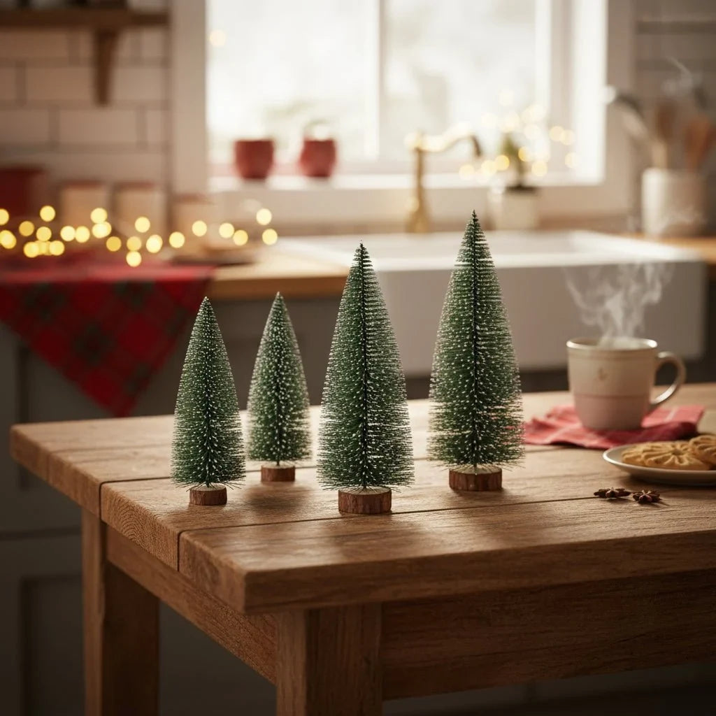 Mini Christmas Trees Bottle Brush with Frosted Snow Tips and Wooden Base - Image 3