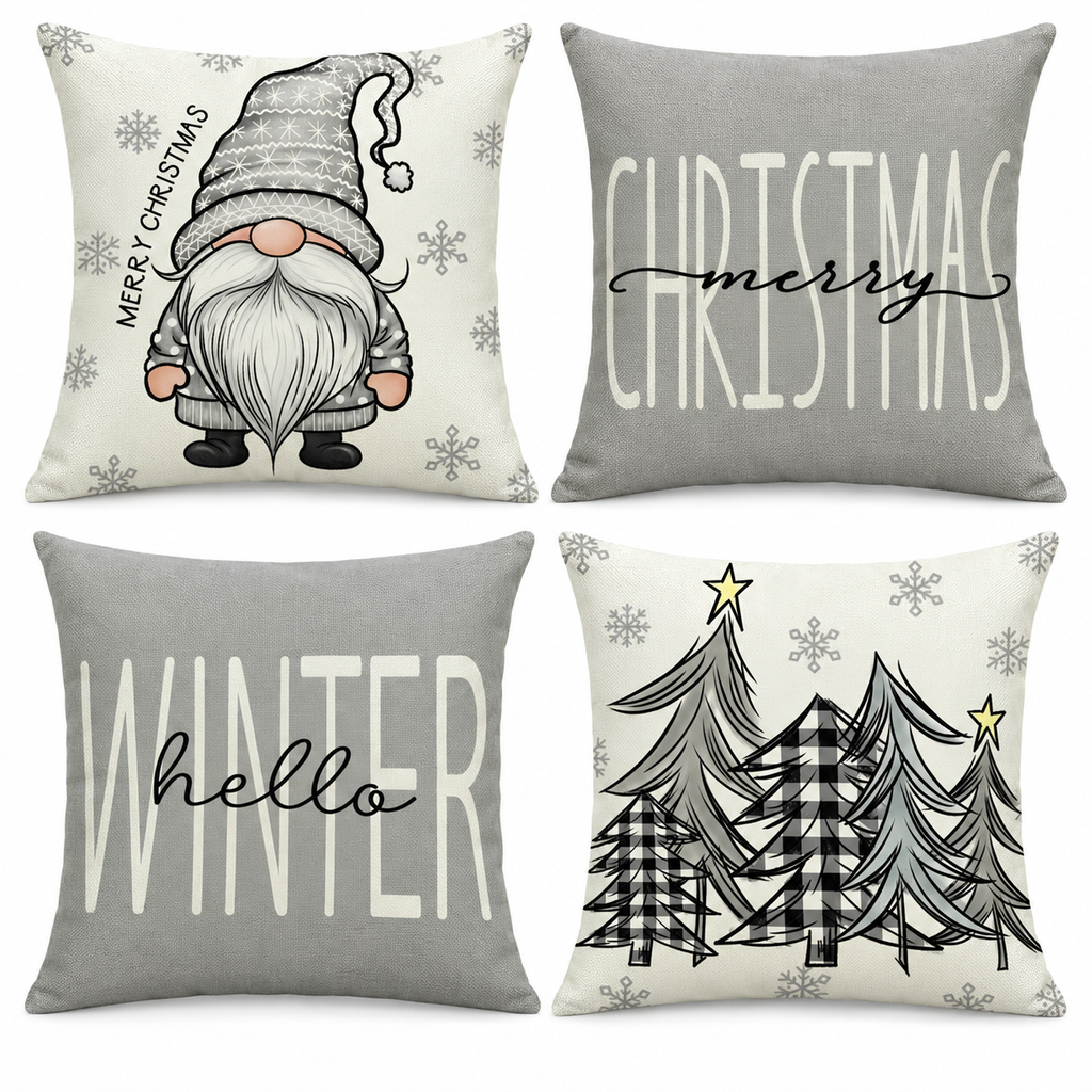Christmas Pillow Covers Set of 4 Square Throw with Hidden Zipper and Festive Gnome Print
