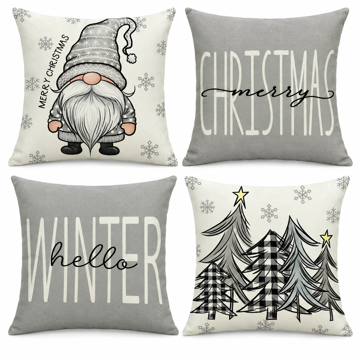 Christmas Pillow Covers Set of 4 Square Throw with Hidden Zipper and Festive Gnome Print