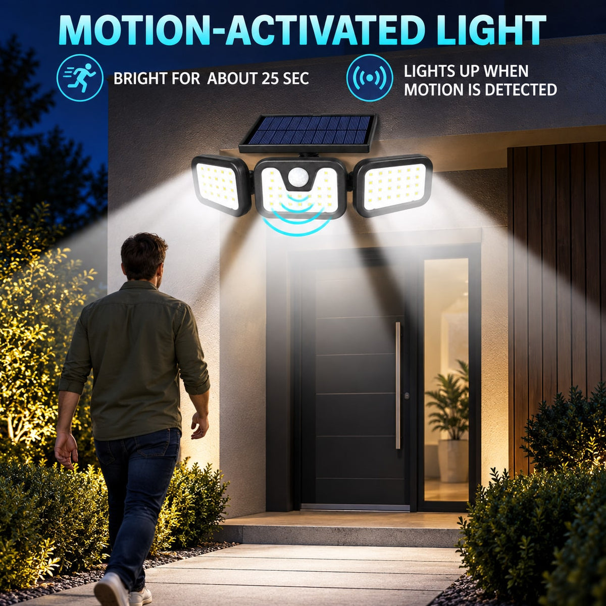 Outdoor Solar Light with Motion Sensor Three Adjustable LED Heads and IP65 Waterproof Rating - Image 1