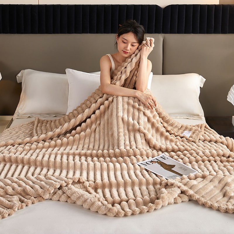 Plush Throw Blanket with Faux Fur Double-Sided Fleece and Ribbed Texture - Image 6