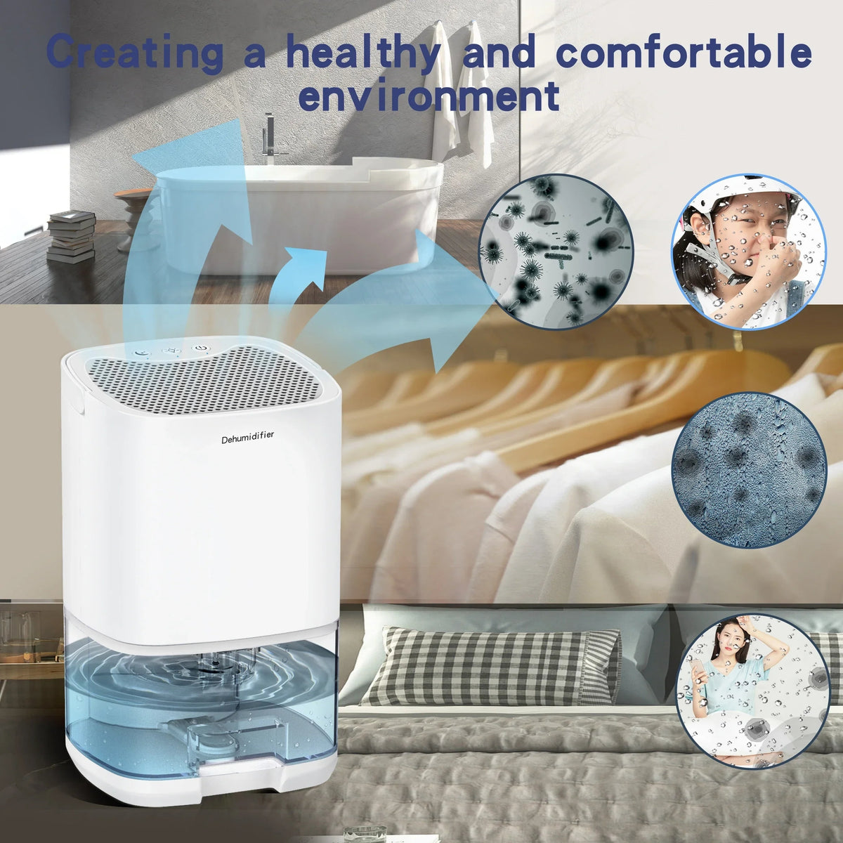 Portable Dehumidifier with Drain Hose for Basement Crawl Space and Air Purifier 1000ml - Image 3