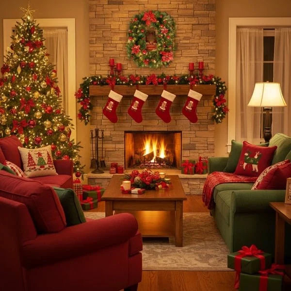 Pre-Lit Christmas Garland with LED Lights Ornaments and Poinsettia Flowers - Image 9