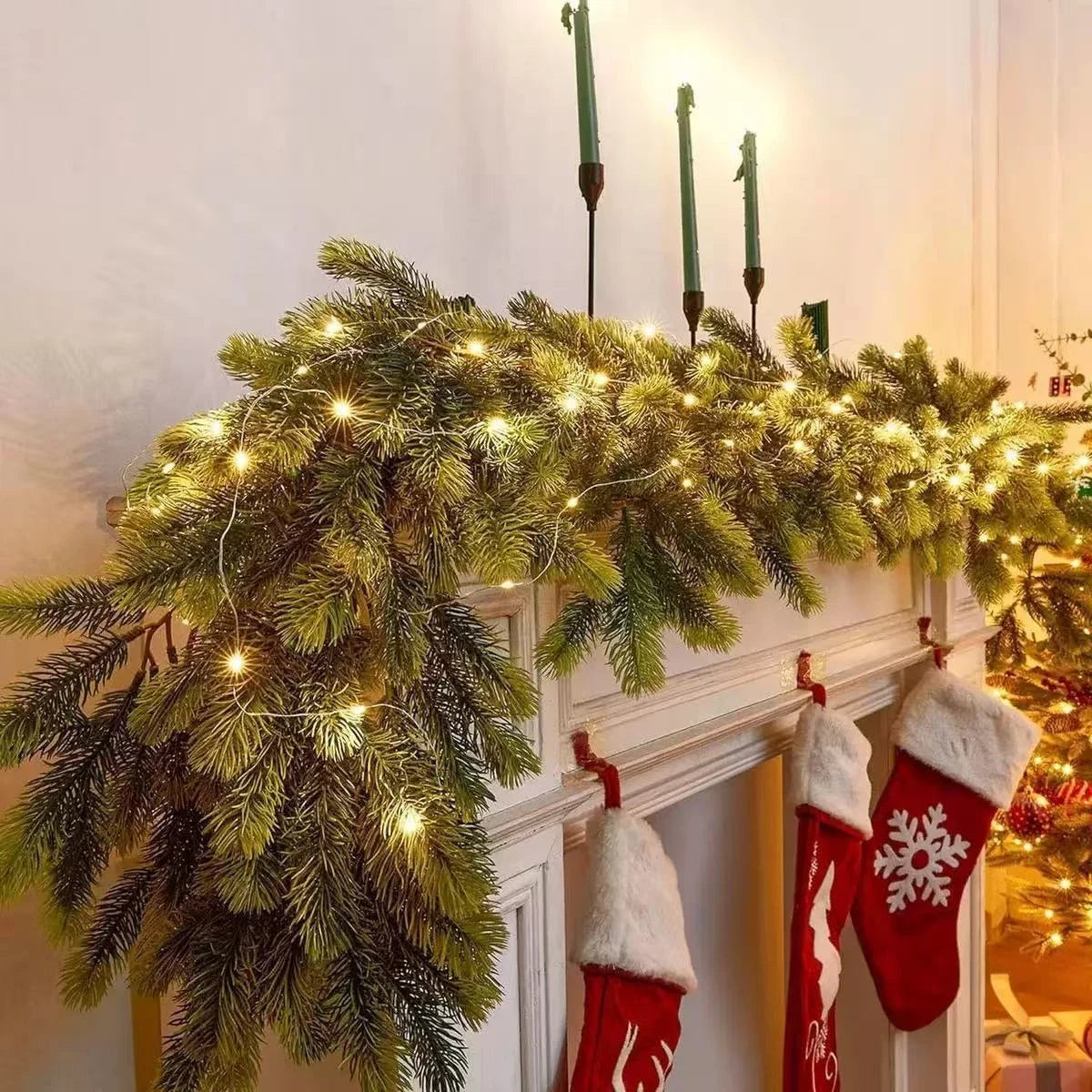 Pre-Lit Christmas Garland with Warm LED Lights and Flexible Branches for Stairs Mantel - Image 8