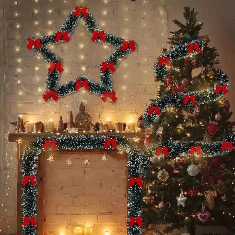 Pre-Lit Tinsel Garland with LED Lights Frosted Tips Bows - Image 5