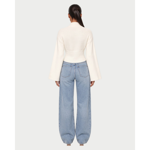 Ribbed Knit Cardigan with Flared Long Sleeves and V-Neckline - Image 2