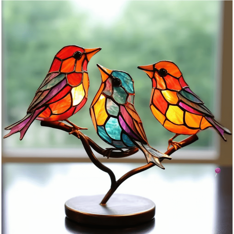 Stained Glass Birds Figurine with Metal Branch Stand and Colorful Panels - Image 3