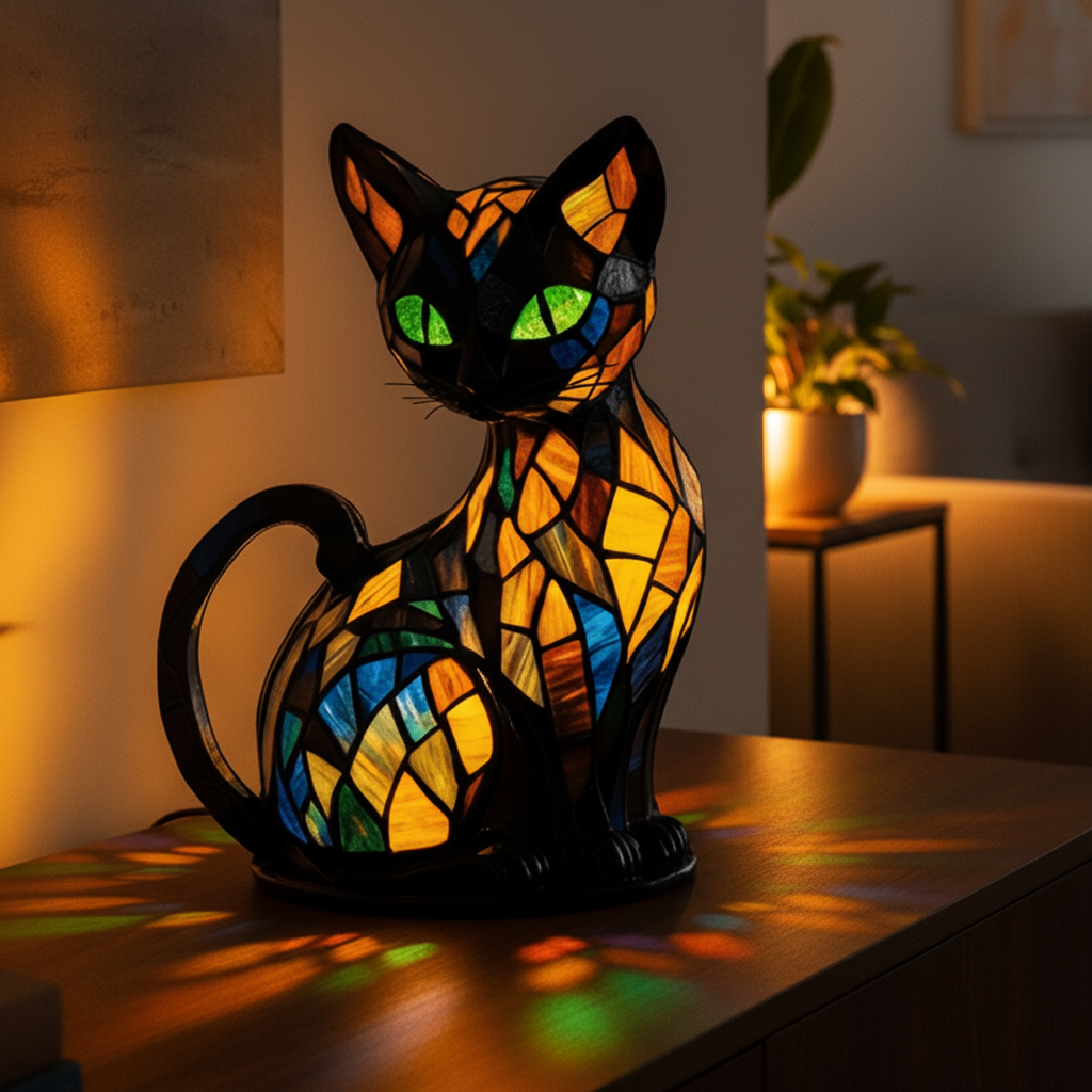 Stained Glass Cat Lamp and Night Light with Mosaic Design and Glowing Eyes Tiffany - Image 3