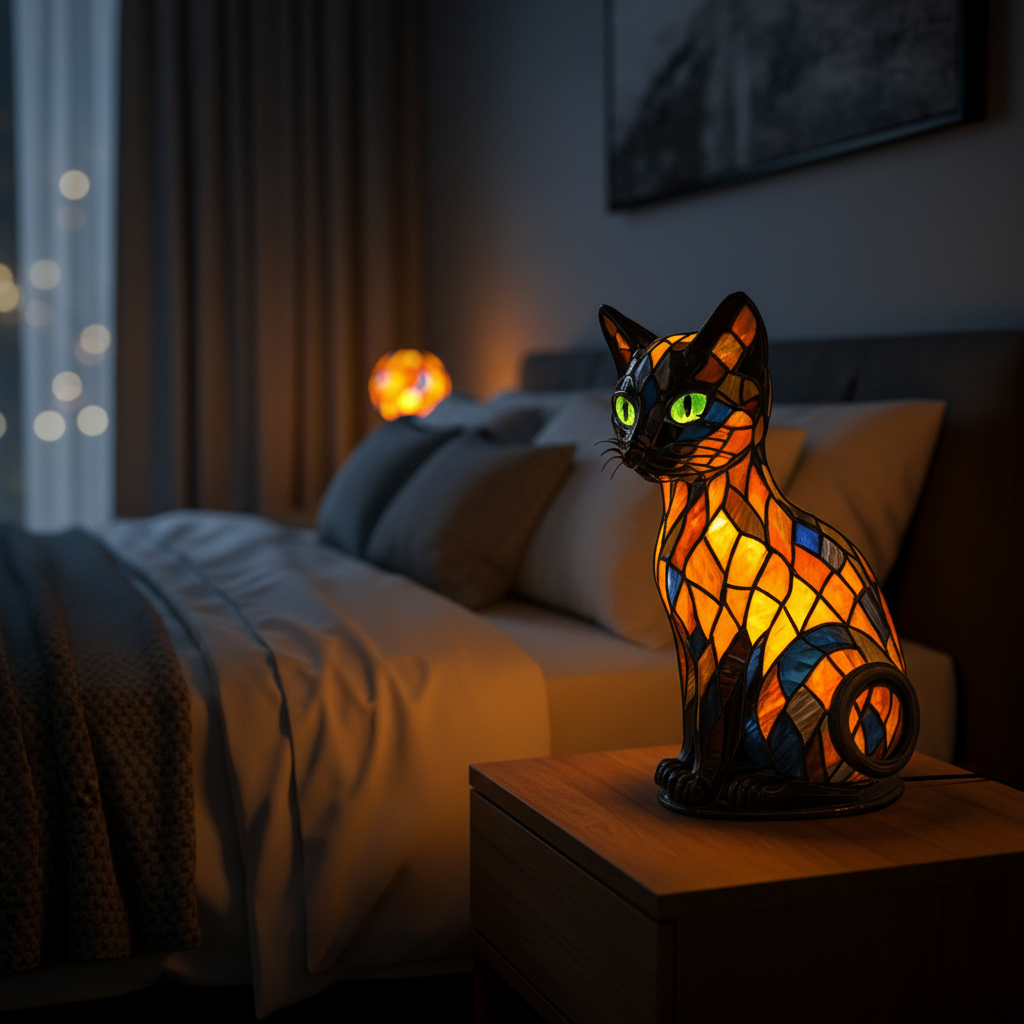 Stained Glass Cat Lamp and Night Light with Mosaic Design and Glowing Eyes Tiffany - Image 4
