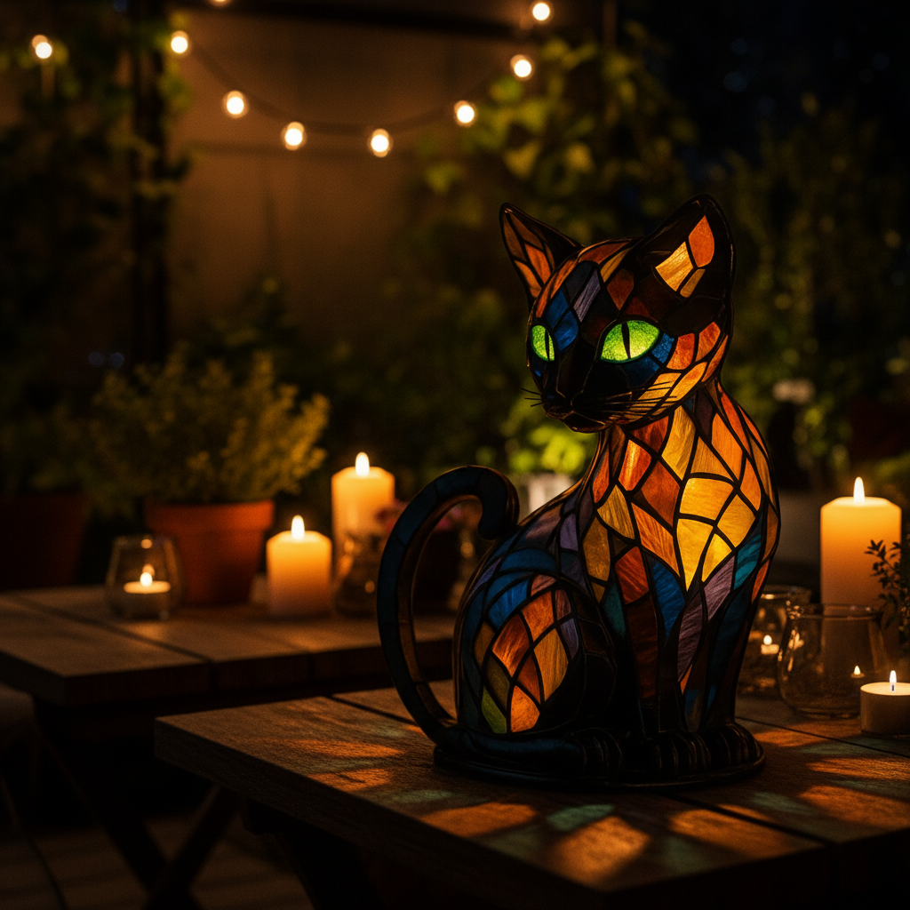 Stained Glass Cat Lamp and Night Light with Mosaic Design and Glowing Eyes Tiffany - Image 5