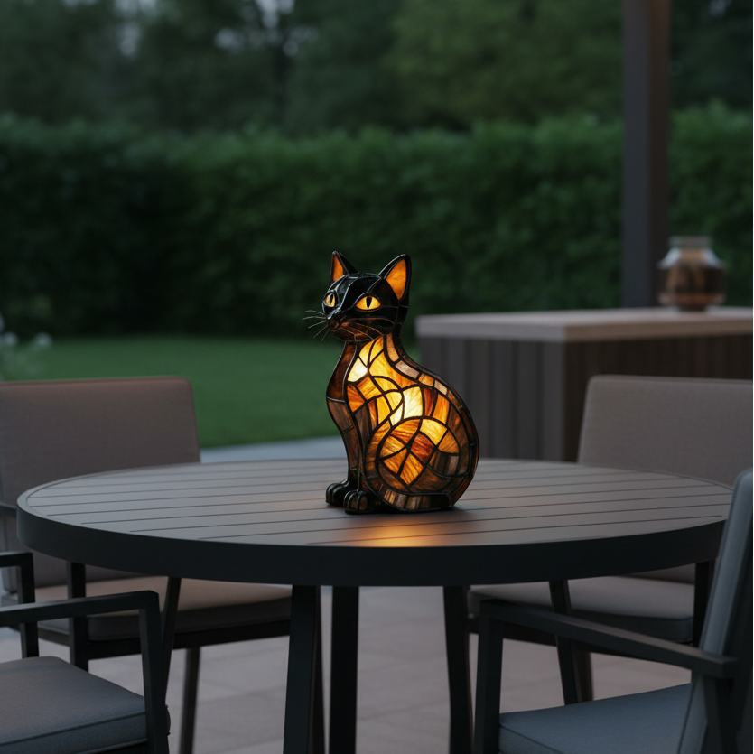 Stained Glass Cat Lamp and Night Light with Mosaic Design and Glowing Eyes Tiffany - Image 6