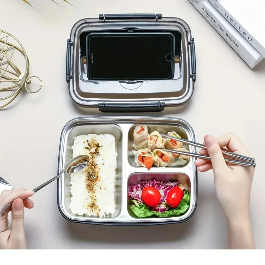 Stainless Steel Bento Lunch Box with Airtight Lid Compartments and Included Utensils - Image 1