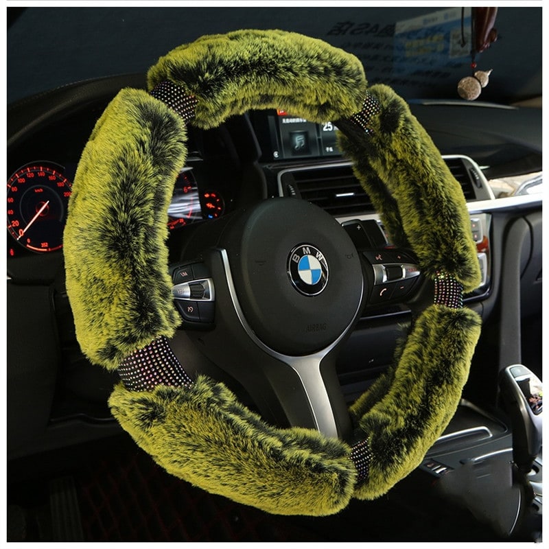 Steering Wheel Cover with Plush Faux Fur and Rhinestone Accents - Image 1