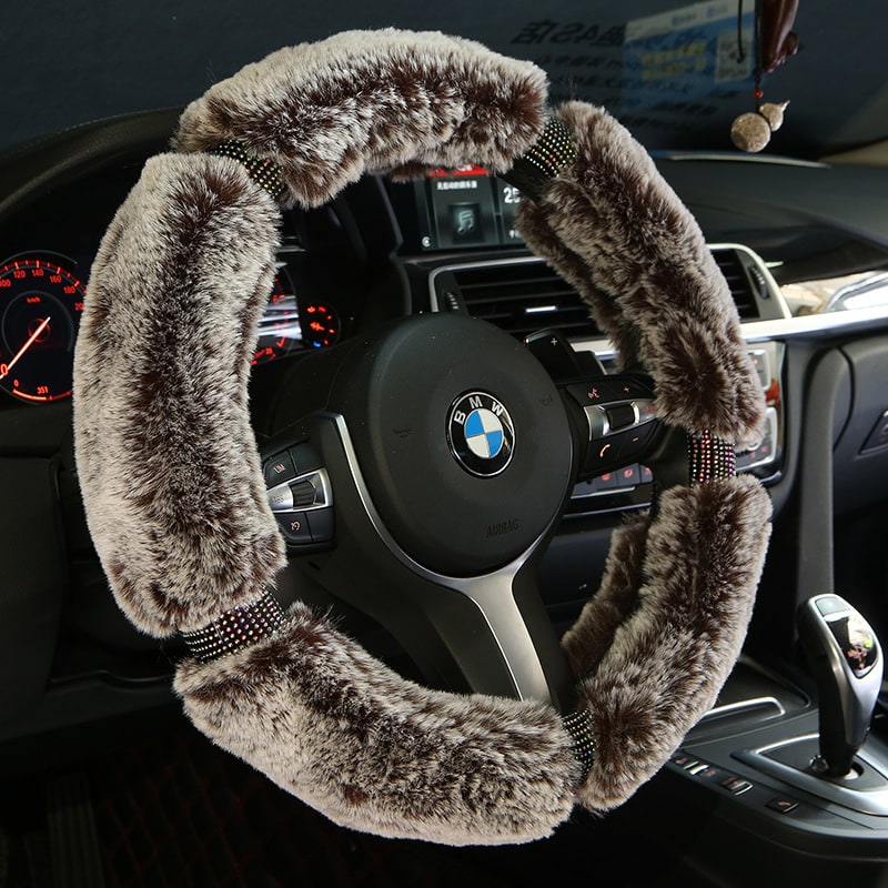 Steering Wheel Cover with Plush Faux Fur and Rhinestone Accents - Image 2