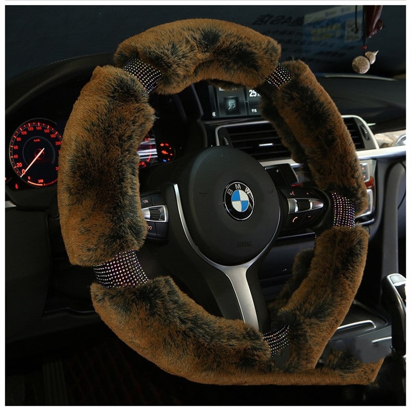 Steering Wheel Cover with Plush Faux Fur and Rhinestone Accents - Image 3