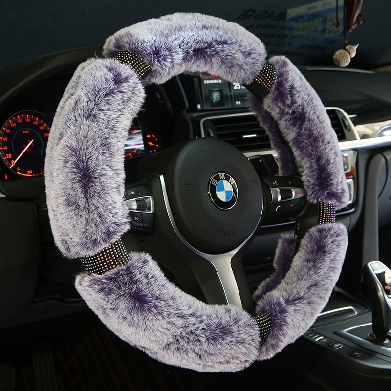 Steering Wheel Cover with Plush Faux Fur and Rhinestone Accents - Image 4