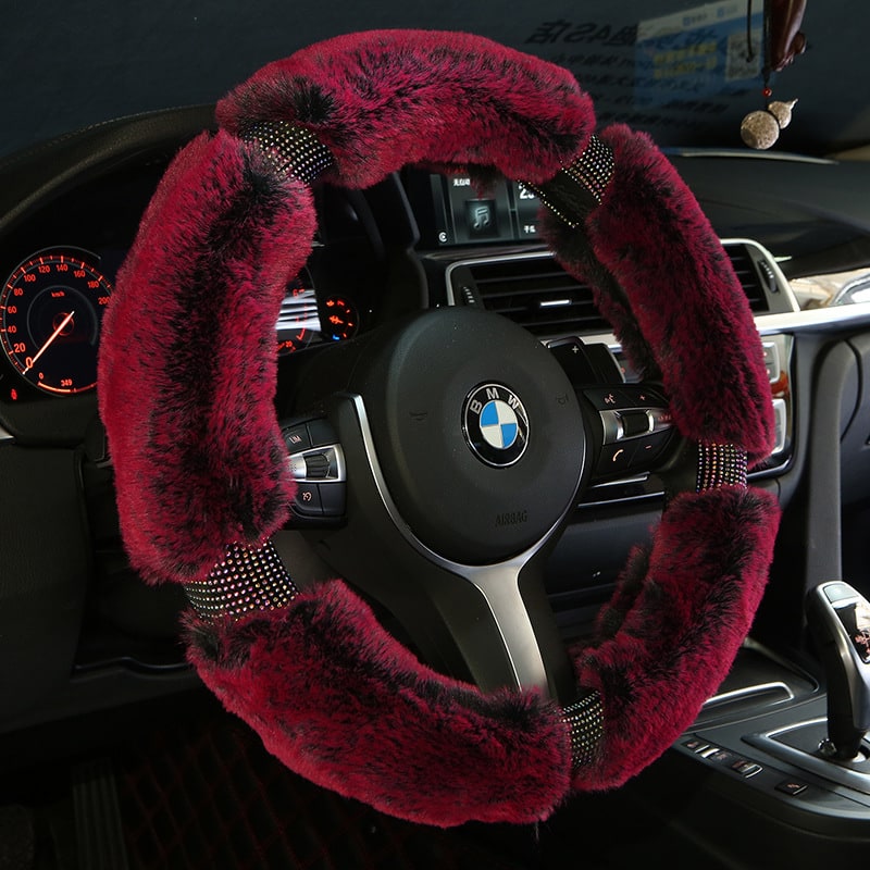 Steering Wheel Cover with Plush Faux Fur and Rhinestone Accents - Image 5