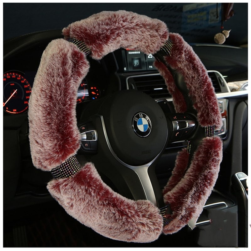 Steering Wheel Cover with Plush Faux Fur and Rhinestone Accents - Image 6