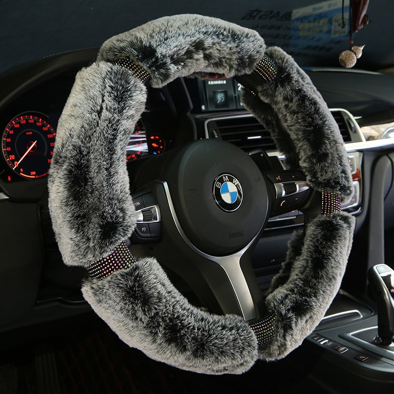 Steering Wheel Cover with Plush Faux Fur and Rhinestone Accents - Image 7