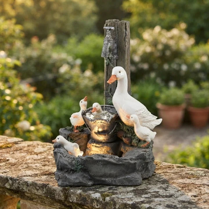 Water Fountain Tabletop with Hand-Painted Animal Figure and LED Lighting Solar Powered - Image 1