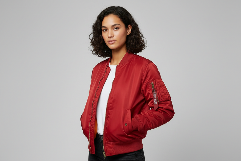 Women's Bomber Jacket with Quilted Storm Flap and Utility Sleeve Pocket - Image 1