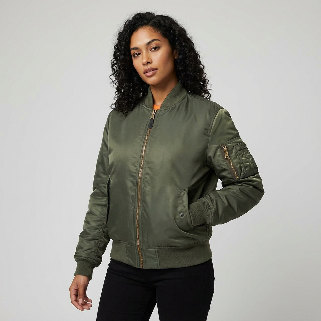 Women's Bomber Jacket with Quilted Storm Flap and Utility Sleeve Pocket - Image 11