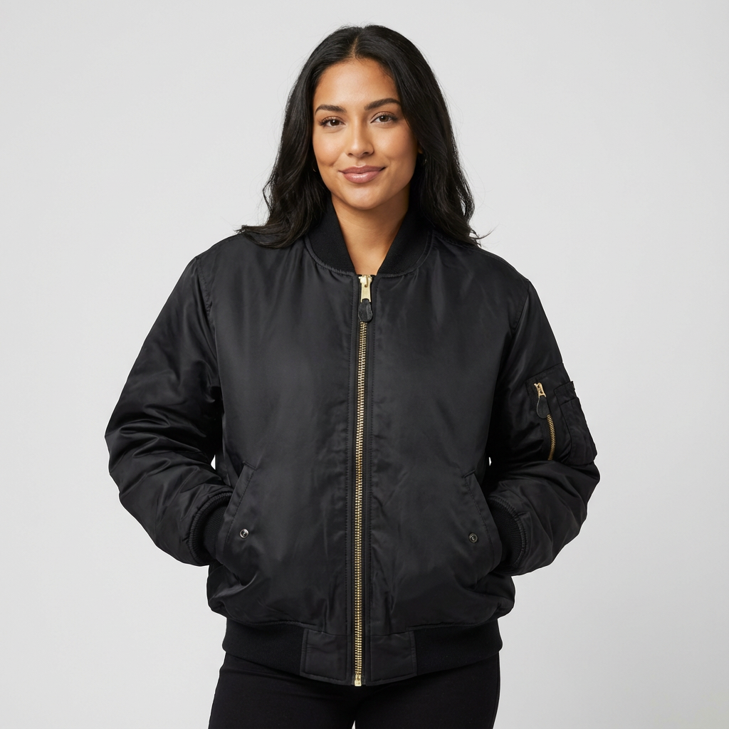 Women's Bomber Jacket with Quilted Storm Flap and Utility Sleeve Pocket - Image 13
